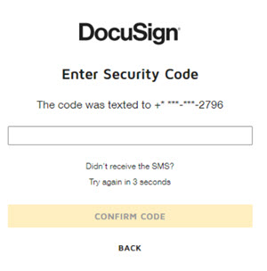 The DocuSign enter security code screen. 